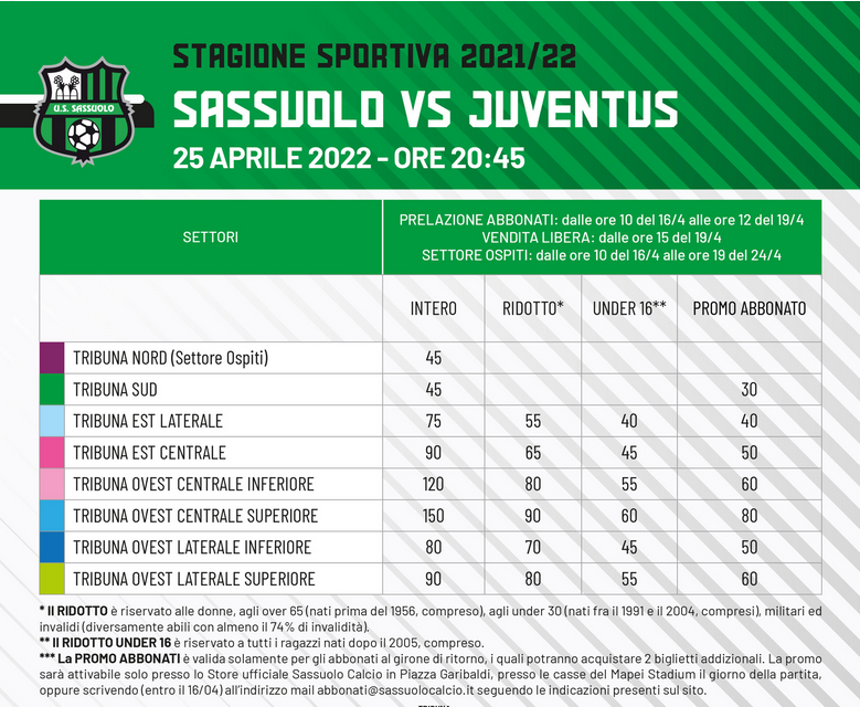 biglietti sassuolo-juventus